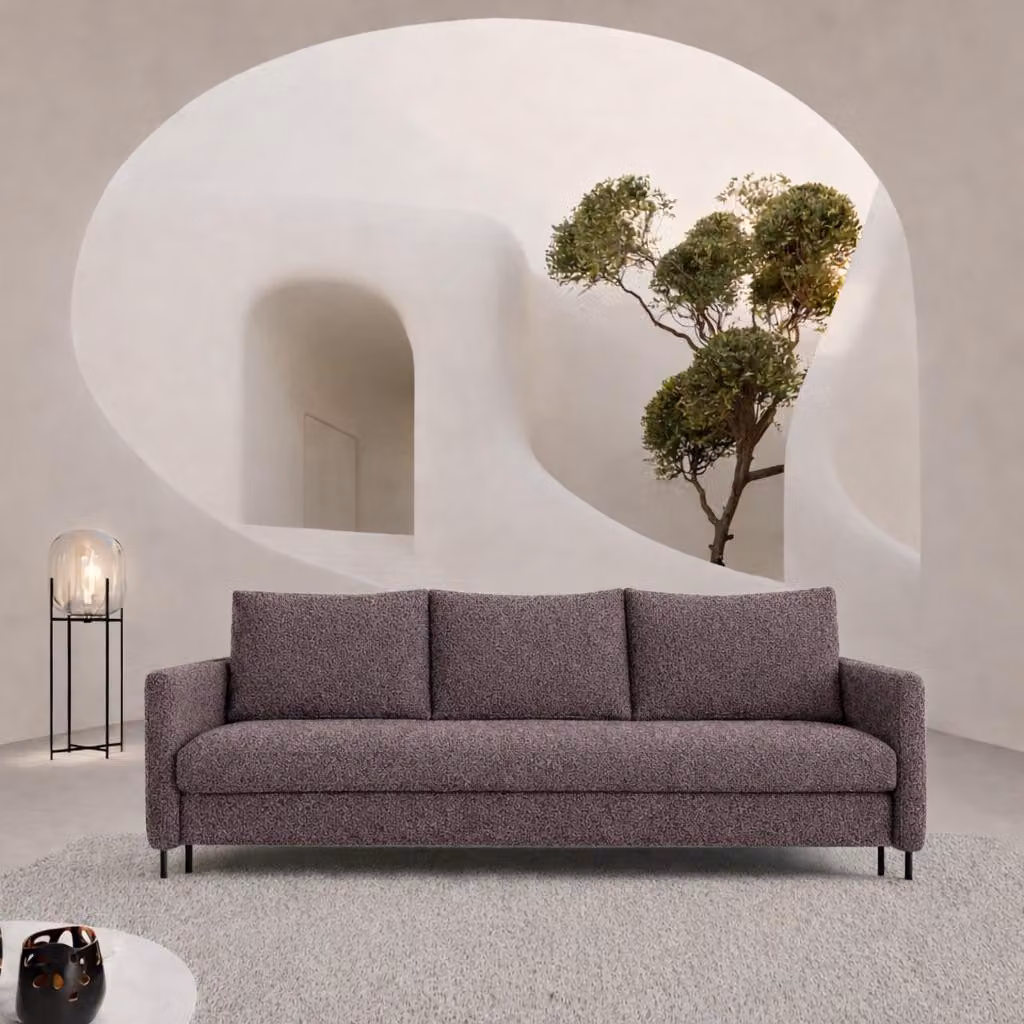 Divano letto Sofello BELIssA, color pastello, rivestito in bouclé, con contenitore per biancheria e cuscini – divano con funzione letto, superficie di riposo 202x150 cm. Spedizione in 3 giorni!