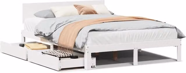 Letto matrimoniale | Letto per adulti | Giroletto con Cassetti Bianco 150x200 cm Legno Massello di Pino