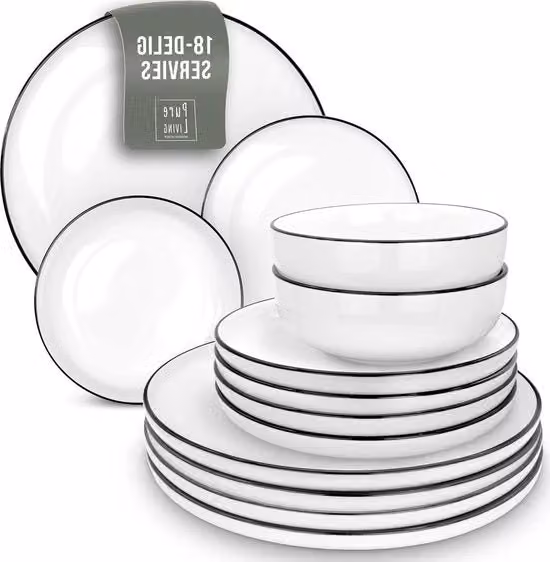 Set da tavola per 6 persone in stile Scandi - Piatto da portata in porcellana bianca 18 pezzi - Adatto per lavastoviglie e forno a microonde - Set di piatti elegante - Eseguibile servizio da tavola - piatti in porcellana Cool plate