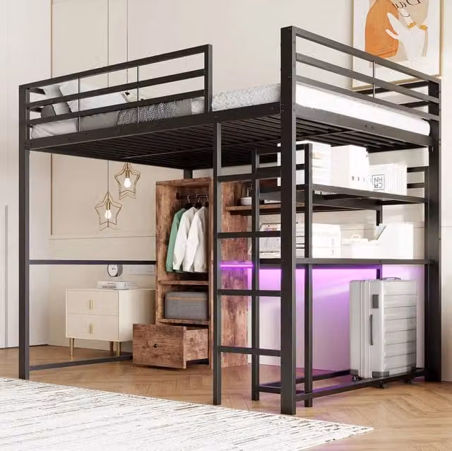 Letto a soppalco ULEVR 140x200 cm con scrivania, cassetto, ripiani aperti e LED a 16 colori, nero