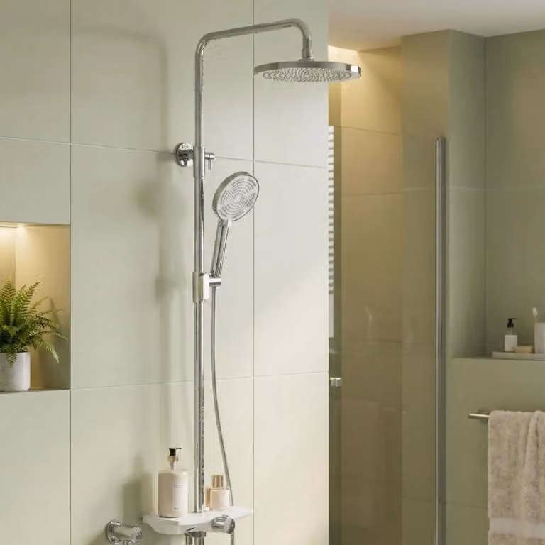 Set doccia con barra e ripiano - Sistema doccia - Soffione rotondo a soffitto, doccetta manuale con 3+1 funzioni, regolabile in altezza, acciaio inossidabile, tubo antiscivolamento, cromato