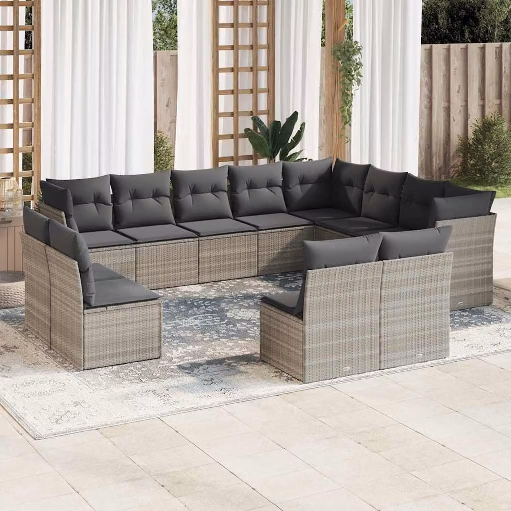 vidaXL Set Divano da Giardino a Forma di U in Polyrattan Grigio con Cuscini Imbottiti e Coperture Rimovibili