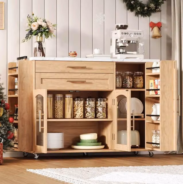 Isola da cucina ULEVR 138x70x90 cm con piano ribaltabile 45-70 cm, 2 cassetti, ante in vetro e 5 ruote