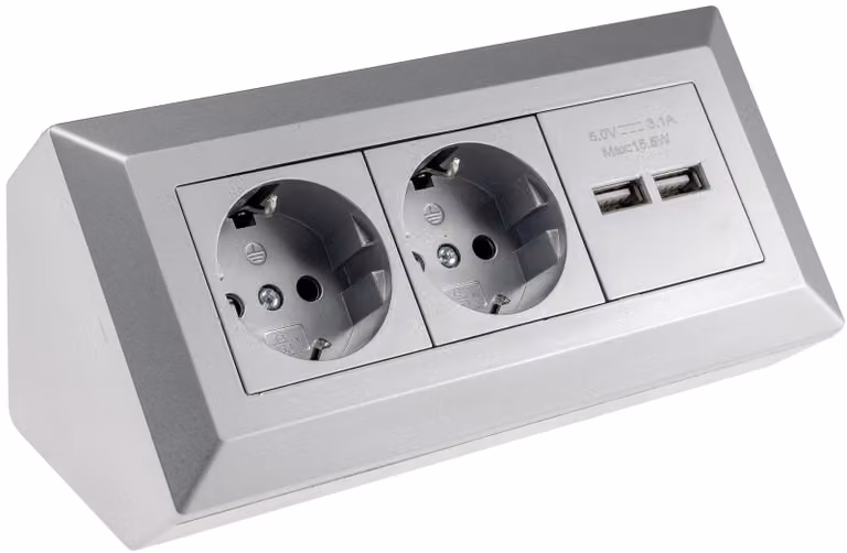 blocco prese a 2 vie + 2x USB, argento