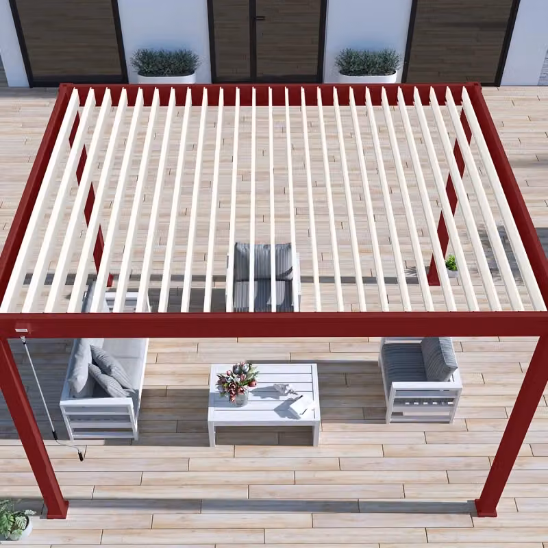 Pergola bioclimatica autoportante Ombrea VS L: 4 m, P: 3 m, H: 2,57 m, colore Rosso basco con tenda bianca da 4 m – 2
