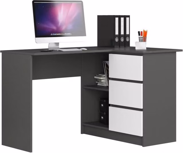 Scrivania angolare AKORD B16 Grigio Grafite 124 cm 3 cassetti inserto frontale Bianco 124x85x77 cm Modello a destra