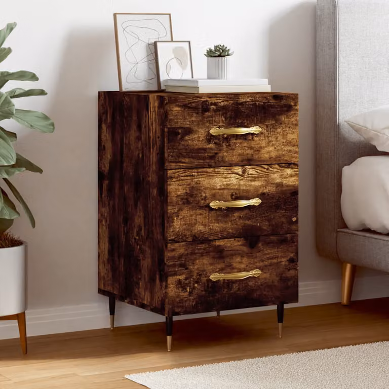 Comodino sospeso vidaXL in legno multistrato Rovere Fumo e metallo, L/P/H: 40 x 40 x 66 cm