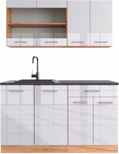 Cucina monoblocco R-Line Bianco lucido/Rovere dorato 140 cm, PL Antracite Vicco