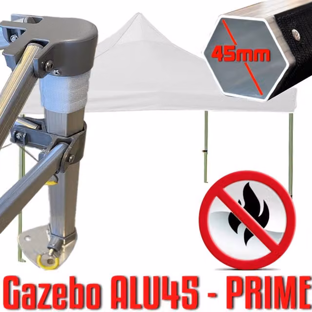 Gazebo 3x3 m bianco certificato IGNIFUGO SENZA laterali pieghevole alluminio piantone esagonale 45mm portatile estendibile richiudibile estensibile acciaio per fiere eventi stand chiosco tenda tendone mercato mercatino