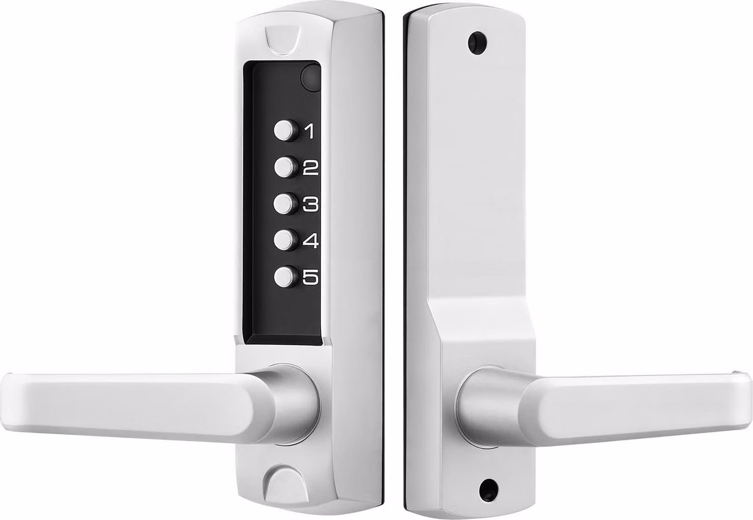 SucceBuy Serratura meccanica con codice a tastiera su un lato (codice a 5 cifre), serratura senza chiave con maniglia e chiusura automatica, adatta per porte d'ingresso, cancelli da giardino, garage e aree esterne, argento