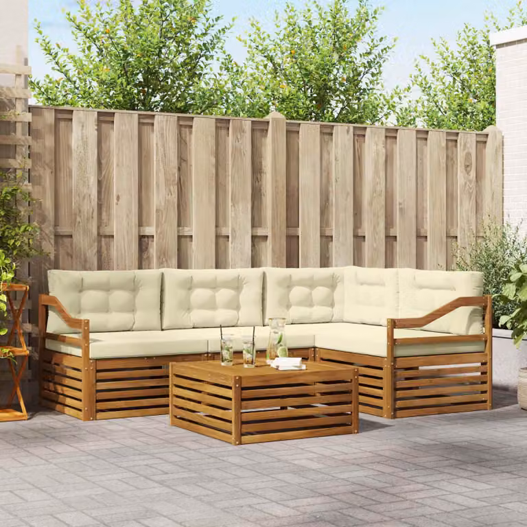 Set di divani da esterno vidaXL 5 pezzi in legno di acacia con cuscini, colore beige e crema