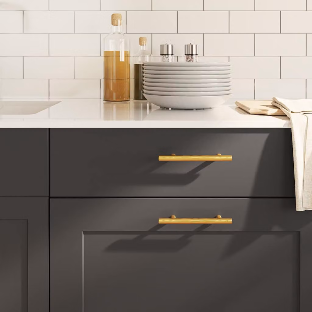 Set di 10 maniglie per mobili vidaXL in acciaio inox color oro, interasse fori 96 mm, lunghezza totale 150 mm