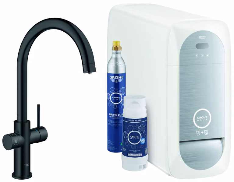 Grohe Blue Home Mitigeur monocommandé pour évier Starter Kit, portée 224mm, bec en C, avec fonction filtre et refroidissement, 31455KS1, 31455KS1