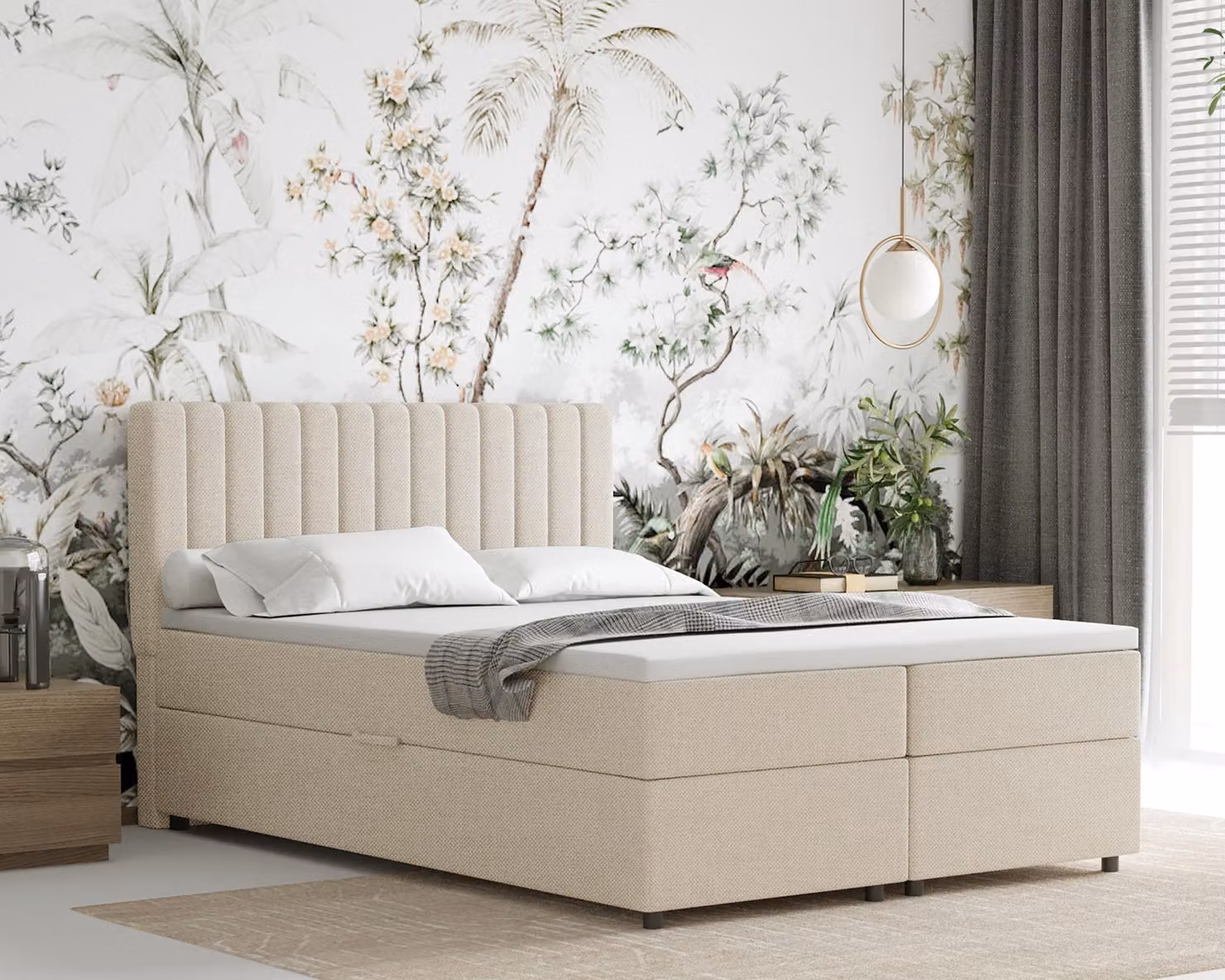 Letto boxspring 140x200 EVEREST, con topper, con cassetti, letto matrimoniale, beige, Panda Möbel