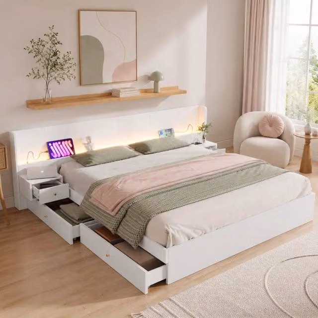 Letto matrimoniale in MDF per materasso 180x200 cm; 2 comodini; 2 cassetti; USB; prese; luce multicolore via app; bianco