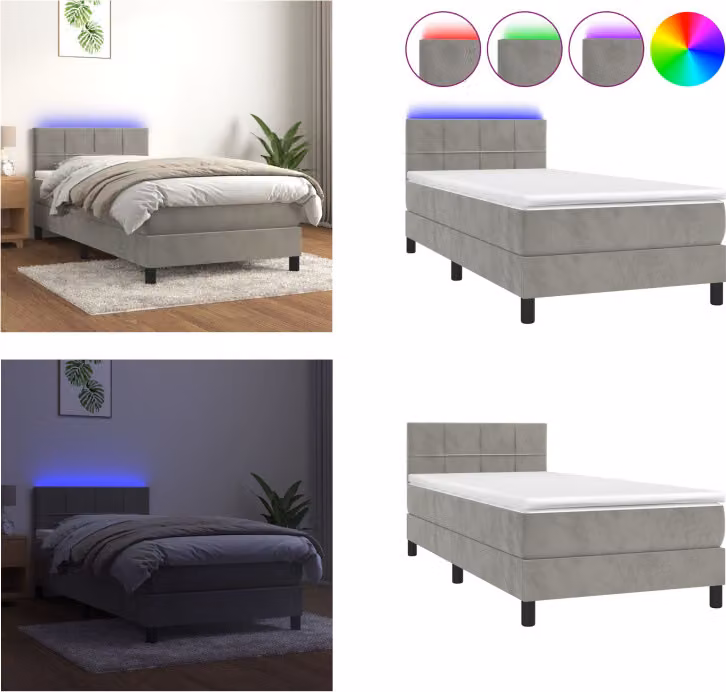 vidaXL Letto a molle con materasso e LED in velluto grigio chiaro 90x190 cm - Letto a molle - Boxspringbetten - Bett - Schlafzimmermöbel