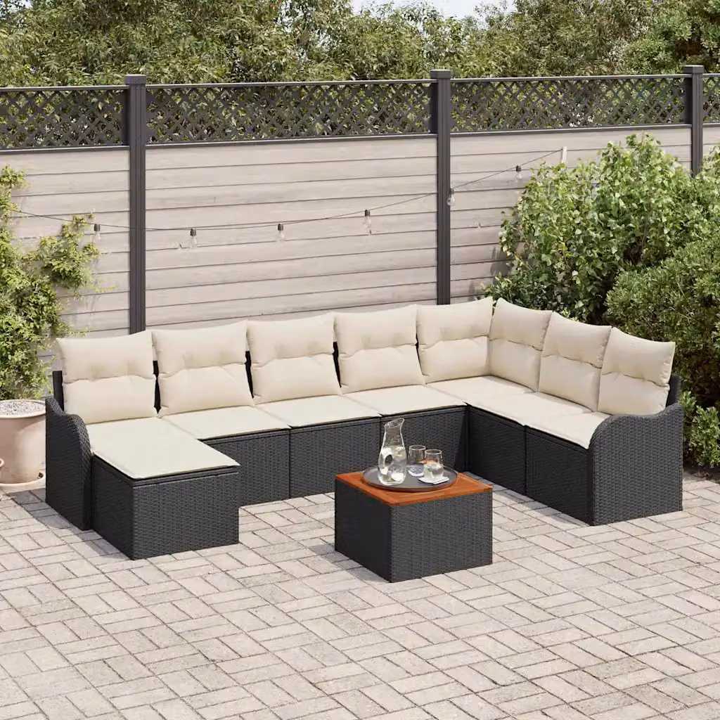 Set Divano da Giardino vidaXL 9 Pezzi in Polyrattan Nero con Cuscini e Tavolino da Esterno