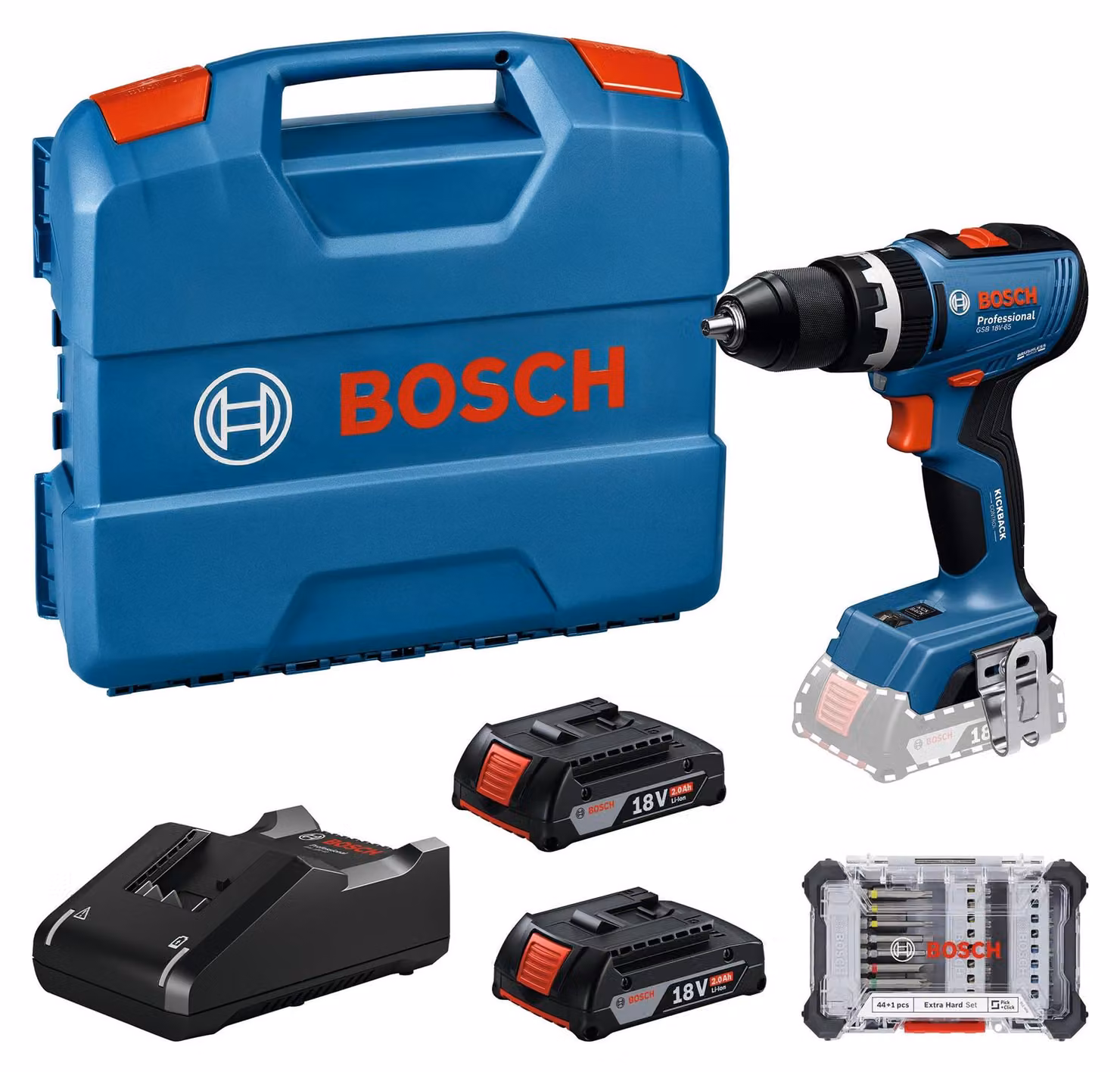 Bosch Professional, sistema a 18V, trapano avvitatore a batteria GSB 18V-65 (motore brushless)