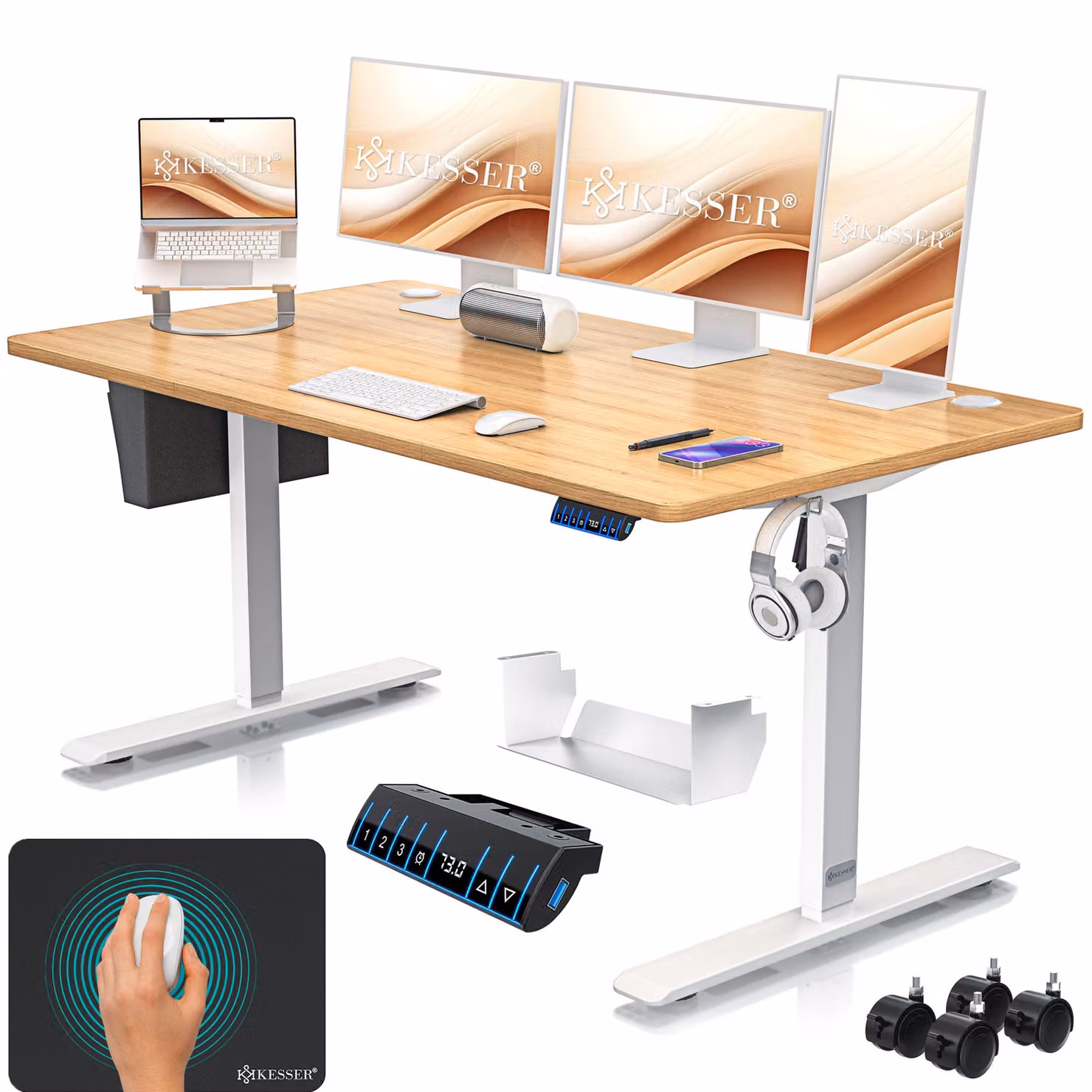 Scrivania regolabile in altezza KESSER®, elettrica, con memoria a 3 posizioni, inclusi rotelle e porta USB