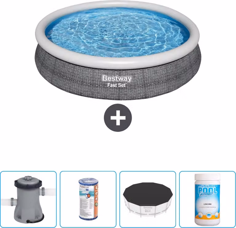 Bestway piscina gonfiabile rotonda ad ambientazione rapida - stampa rattan - 366 x 76 cm - inclusa pompa - filtro - copertura - cloro