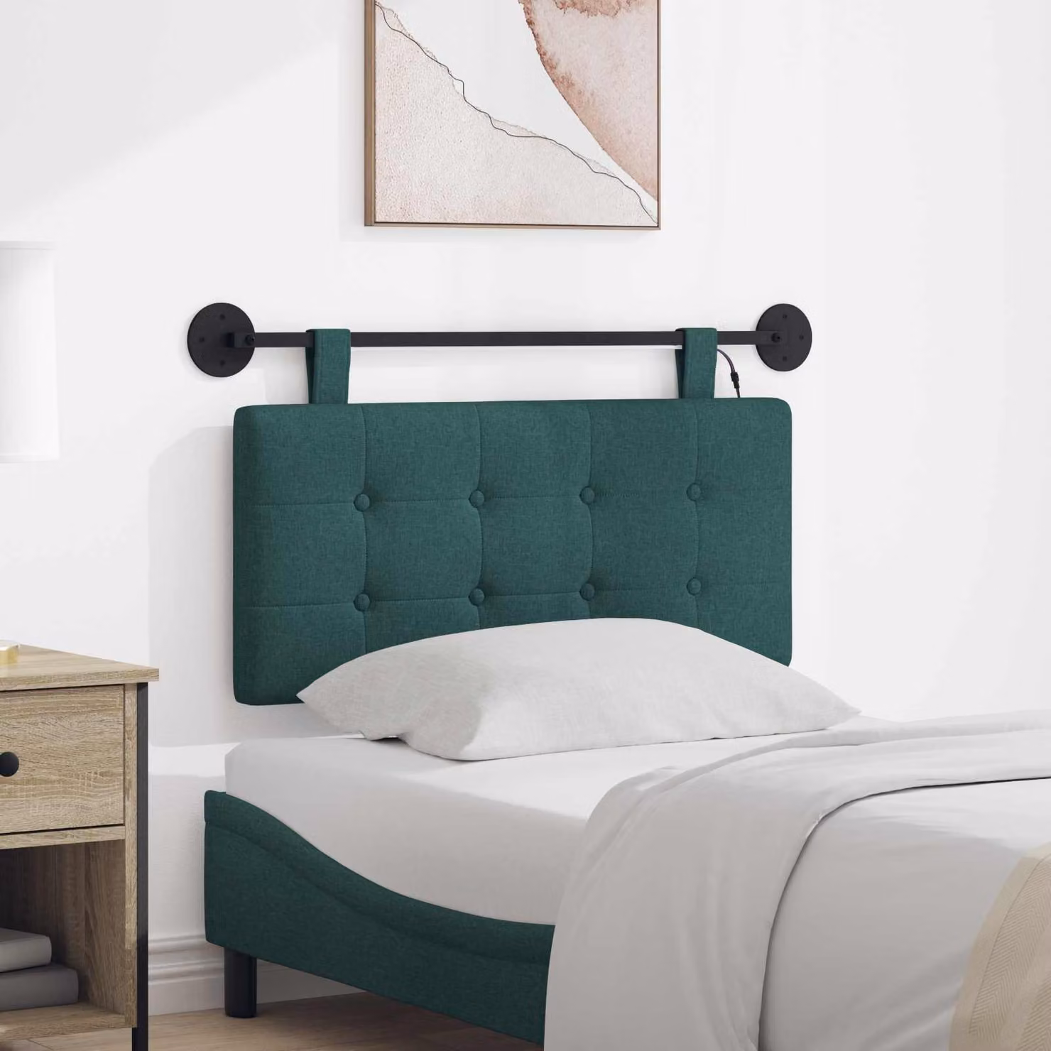 Testiera per letto sospesa vidaXL con luce LED integrata in tessuto verde scuro