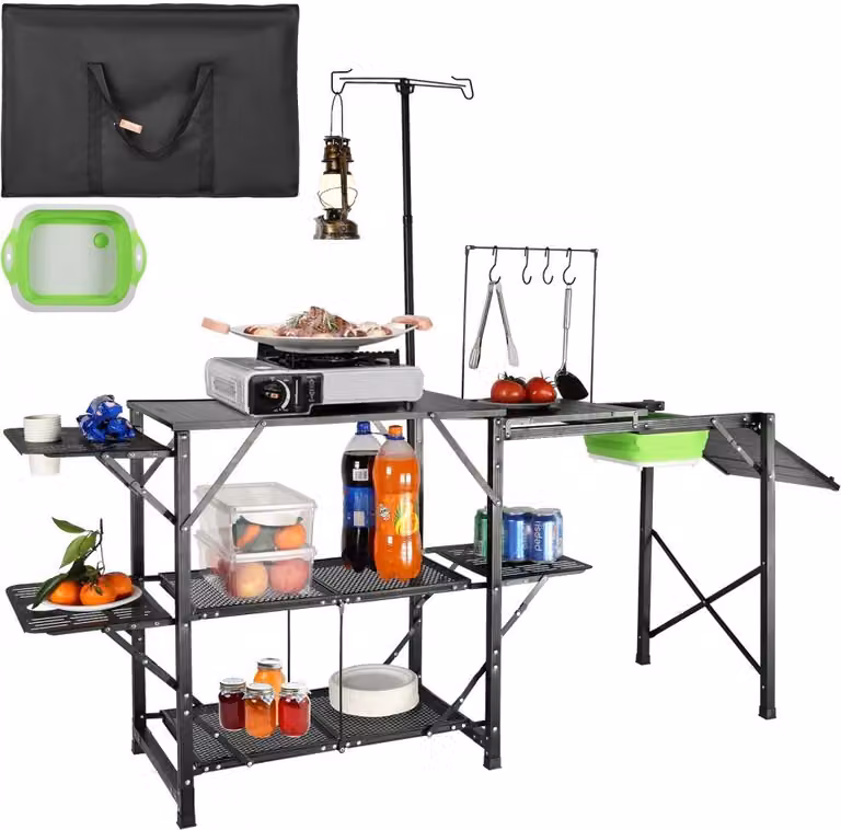 Tavolo da cucina da campeggio - Stazione di cottura pieghevole e portatile con tavoli, ripiani e lavello.