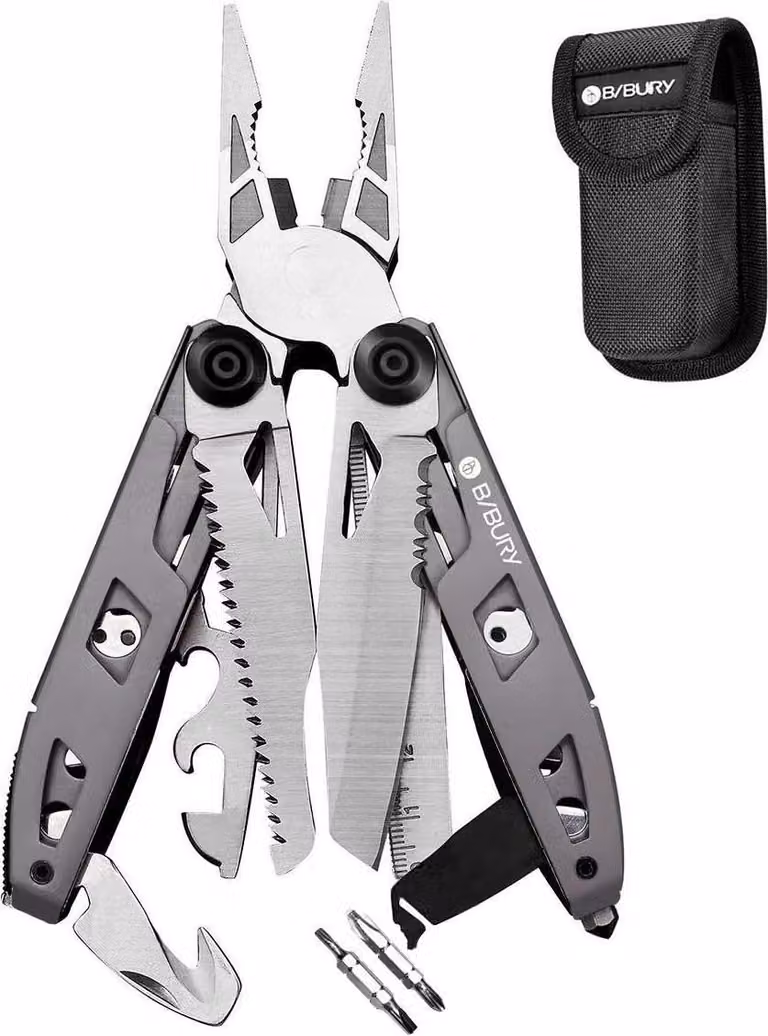 Multitool 18-in-1, impugnatura Titan, acciaio inossidabile, include cacciaviti, sega, ideale per il campeggio