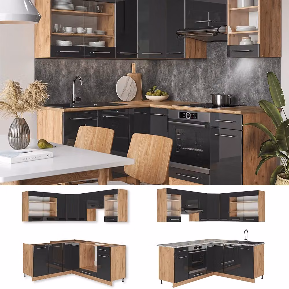 Cucina angolare moderna Vicco Fame-Line Antracite lucido e Rovere dorato L/P/H: 190 x 160 x 60 cm – 2
