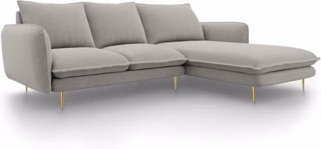 Divano angolare destro Vienna di Cosmopolitan Design, modello a 5 posti in tessuto strutturato grigio chiaro con dettagli oro, L: 255 cm, P: 95 cm, H: 73 cm – 1