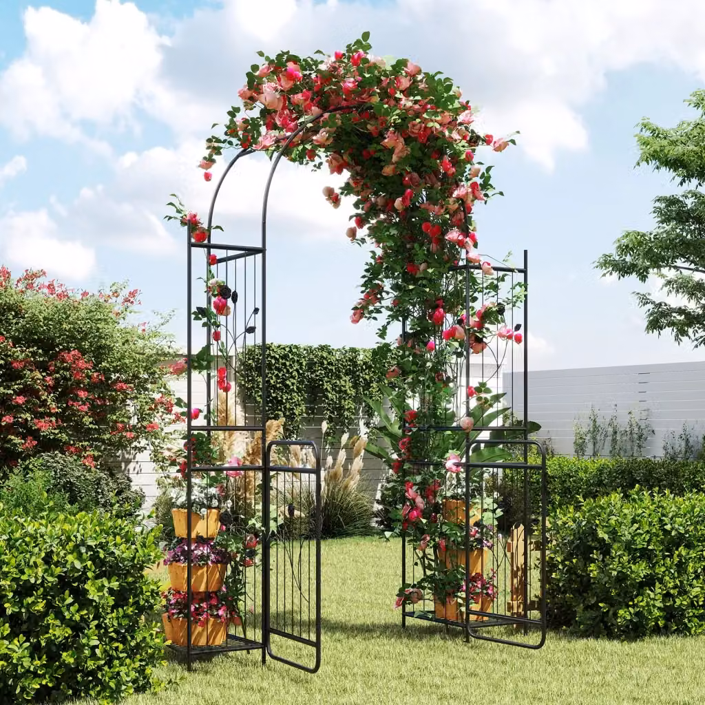 Arco da giardino in metallo nero con cancello, graticcio per rampicanti e ripiani per piante, H: 220 cm, L: 163 cm, P: 50 cm – 2