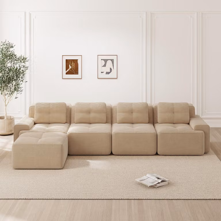 Divano angolare senza braccioli, a forma di L, per 4 persone, rivestito in corda, con seduta profonda, senza necessità di montaggio, antiscivolo (beige)