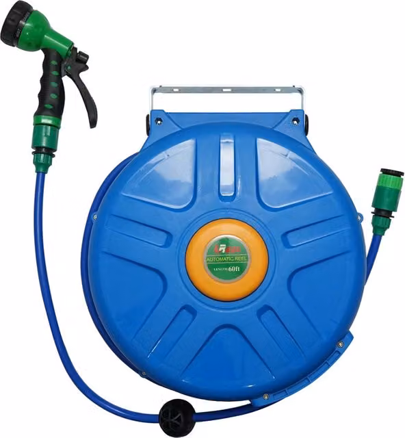 Rullo avvolgitubo automatico blu da 19 m con pistola regolabile a 9 funzioni e attacco 3/4" in PVC