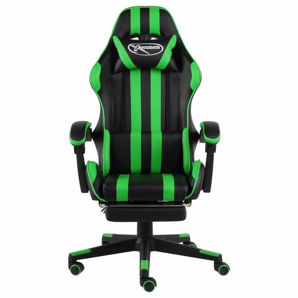 Sedia da Gaming con Poggiapiedi Nero e Verde in Pelle finta