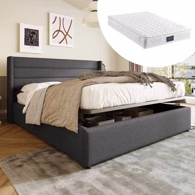 Letto Contenitore Imbottito Matrimoniale ¨C Xylo ¨C Idraulico, Rete a Doghe, Tessuto Lino, Grigio, 160x200