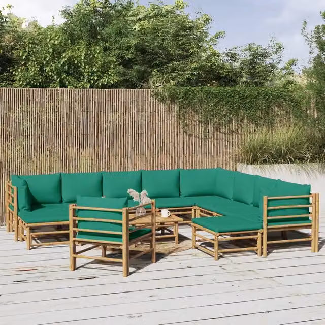 Set Salotto da Giardino a Forma di L vidaXL in Bambu con Cuscini Verdi – 1