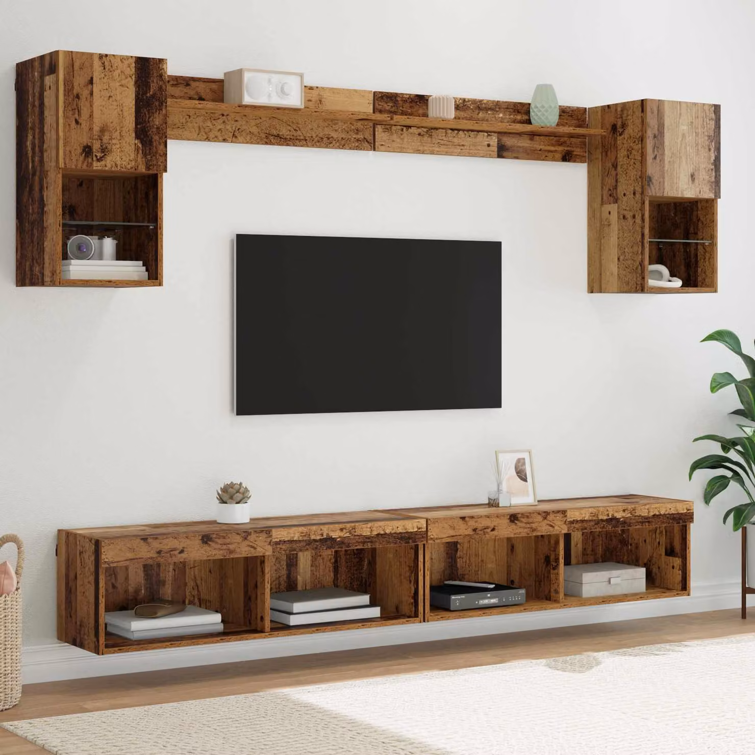 Unità a muro per TV moderna vidaXL con 6 LED in legno vecchio marrone – 1