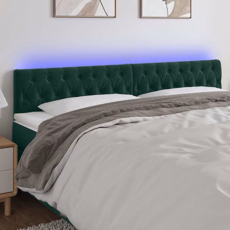 Testiera per letto vidaXL in velluto verde scuro con illuminazione LED e porta di ricarica USB, L 180 cm, P 7 cm, H 78-88 cm