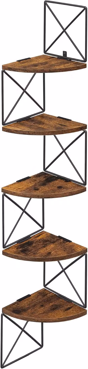 Mensola angolare a 5 livelli - Scaffale angolare a forma di zig-zag - Pannello di truciolato con struttura in acciaio nero - 6 kg per ripiano