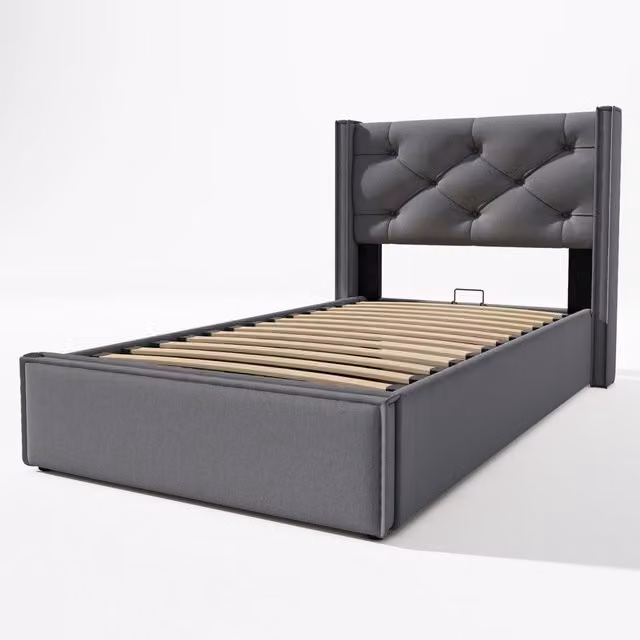 Letto contenitore singolo imbottito con sollevamento idraulico e materasso ibrido incluso, colore grigio, L/P/H: 90 x 200 x 110 cm
