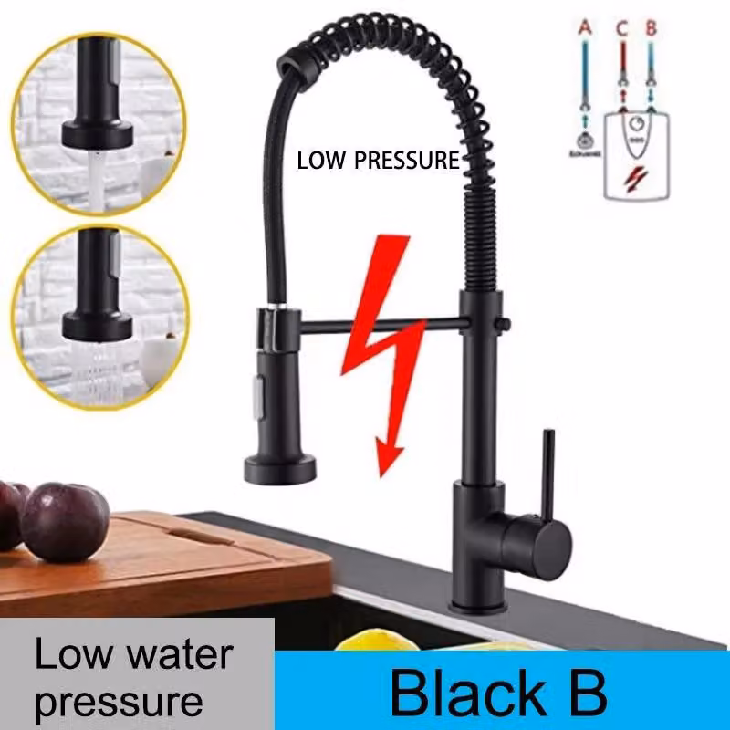 Miscelatore monocomando per lavello da cucina - Basso flusso d'acqua - Rotazione a 360° - Doccetta estraibile - Acqua calda e fredda - Installazione monoblocco - Colore nero - Modello DY B