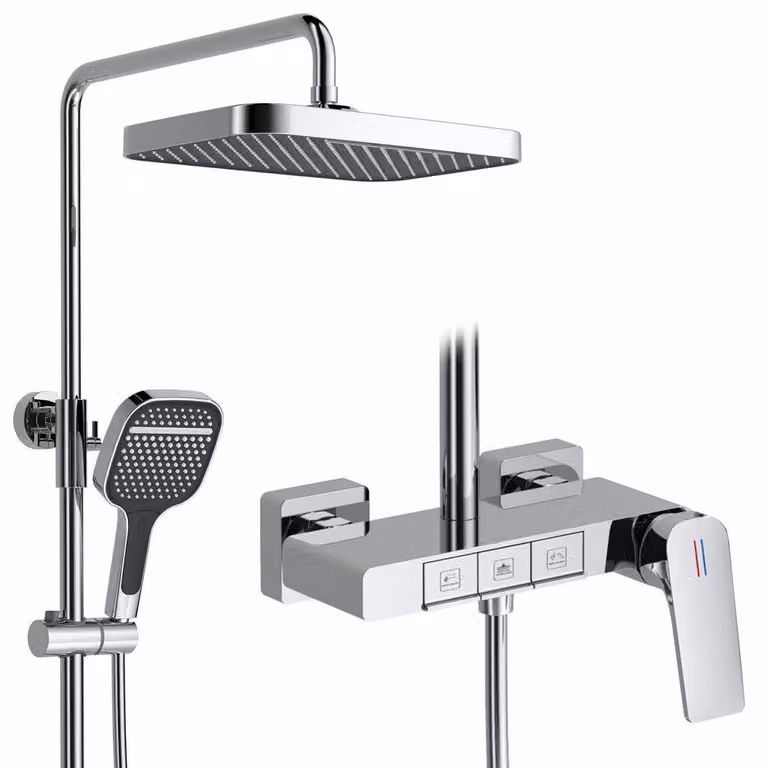 Sistema doccia moderno con tasti a pianoforte, dimensioni 30x20 cm. Doccetta a pioggia, miscelatore per vasca da bagno, modello 59A, in ottone, con altezza regolabile