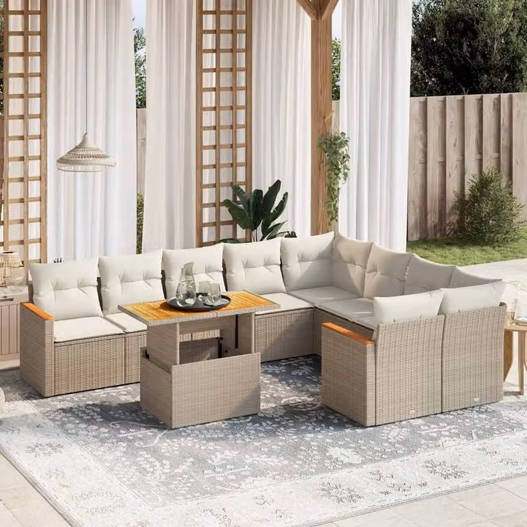 vidaXL Set Divano da Giardino a L 10 pz in Polyrattan con Cuscini Beige e Tavolino da Esterno