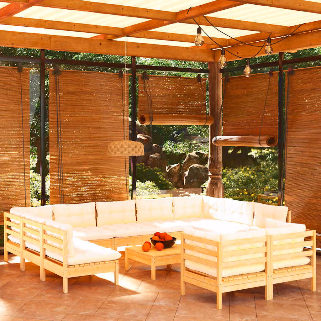 Set Divani da Giardino vidaXL 12 pz in Legno Massello di Pino con Cuscini Beige e Bianco, Forma a U con Elementi Angolari e Ottoman