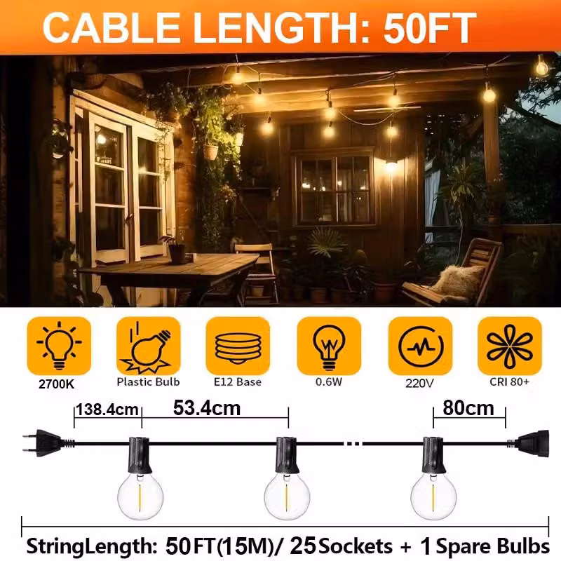 Catena luminosa per giardino - Catena LED G40 - 15 metri - 25 LED - Grado di protezione IP44 - Temperatura di colore 2700 K - Spina di tipo EU