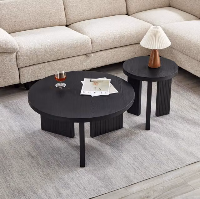 Set di 2 tavolini da caffè rotondi in MDF nero con gambe scanalate