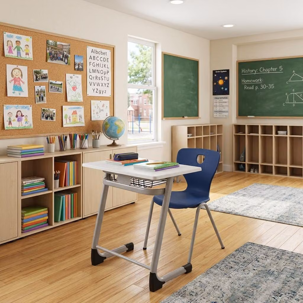 Set moderno per classe: tavolo singolo compatto, sedia da scuola di design, confezione da 2 pezzi
