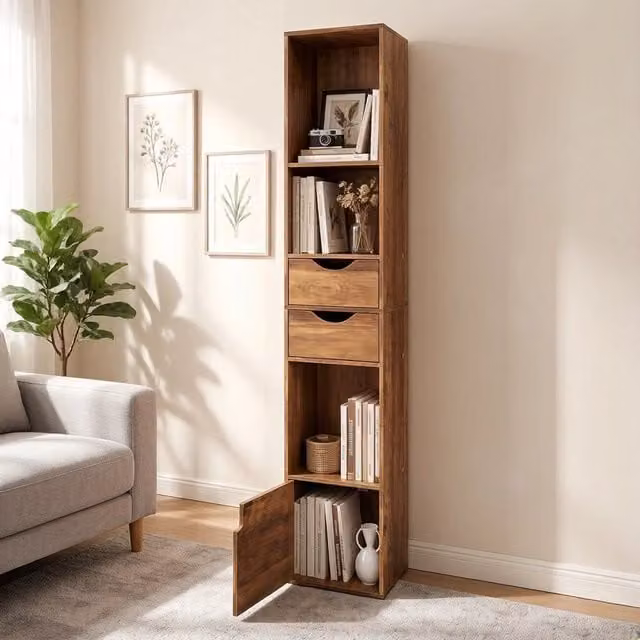 Libreria OKWISH moderna in legno marrone con ripiani regolabili per soggiorno e ufficio, H: 157.5 cm, L: 24.0 cm, P: 24.0 cm