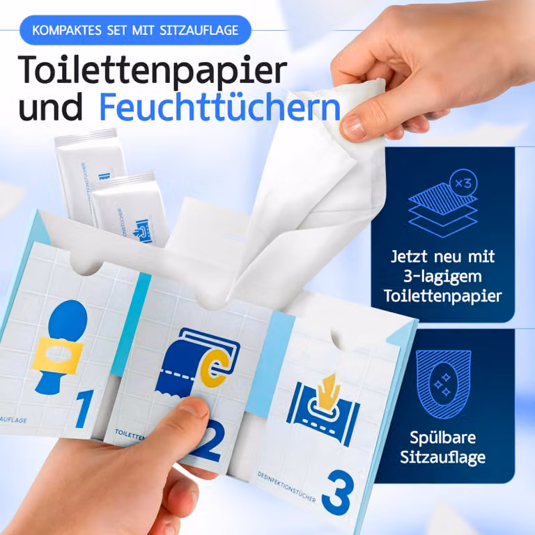 Set di copriwater monouso, composto da 3 pezzi, con salviette detergenti, ideale per i viaggi