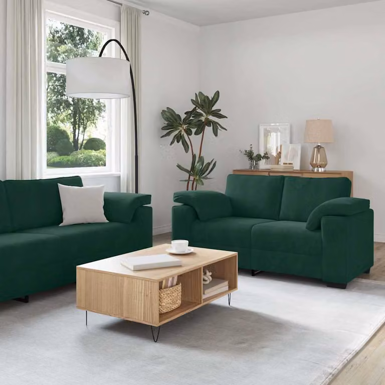 Set di divani vidaXL in velluto verde con cuscini, composto da un divano a 3 posti e un divano a 2 posti con struttura in legno e metallo