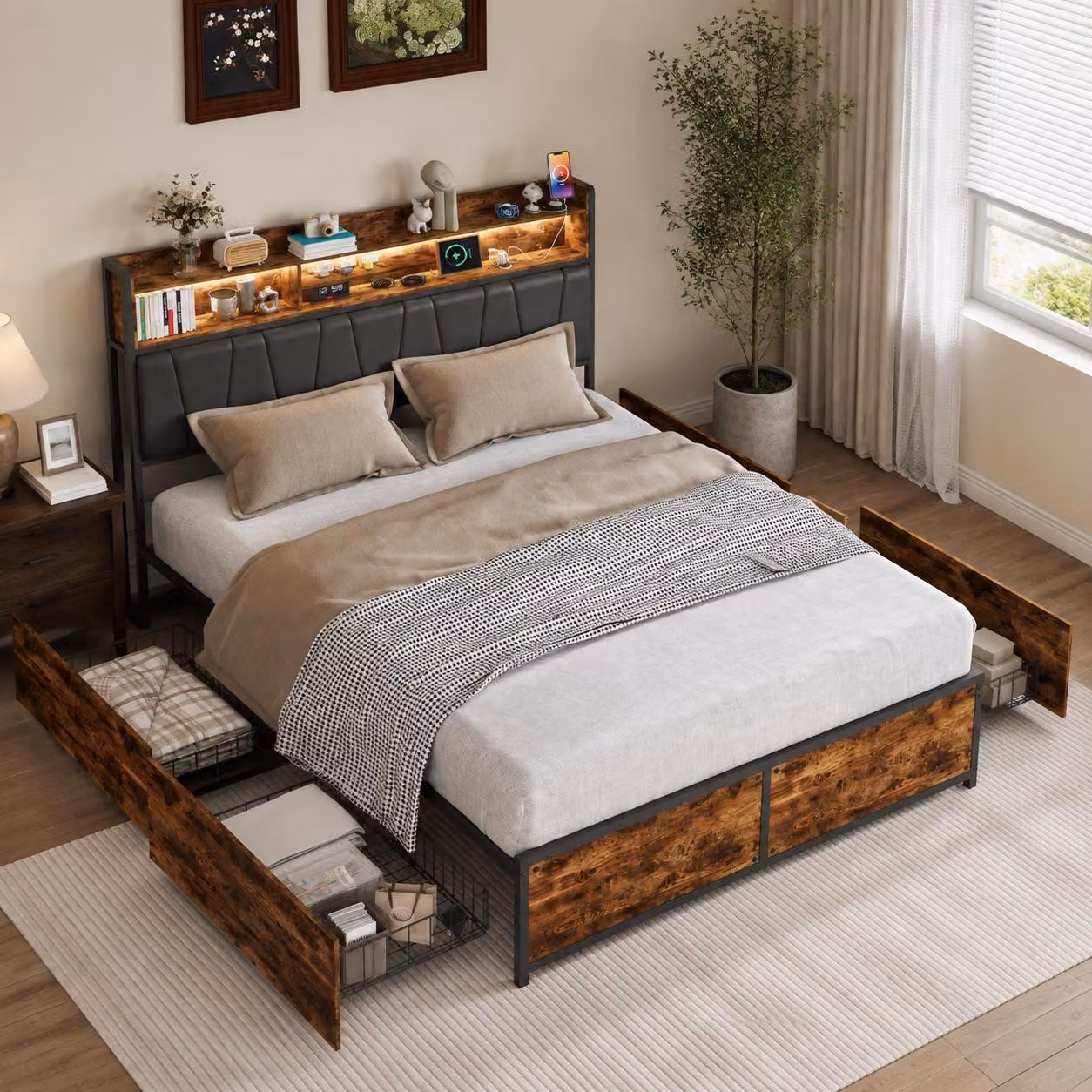 Letto imbottito INONEFT, 180x200 cm, con illuminazione LED, prese USB di tipo C e USB, letto matrimoniale in metallo con testiera, contenitore con 4 cassetti, rivestito in PU, colore nero